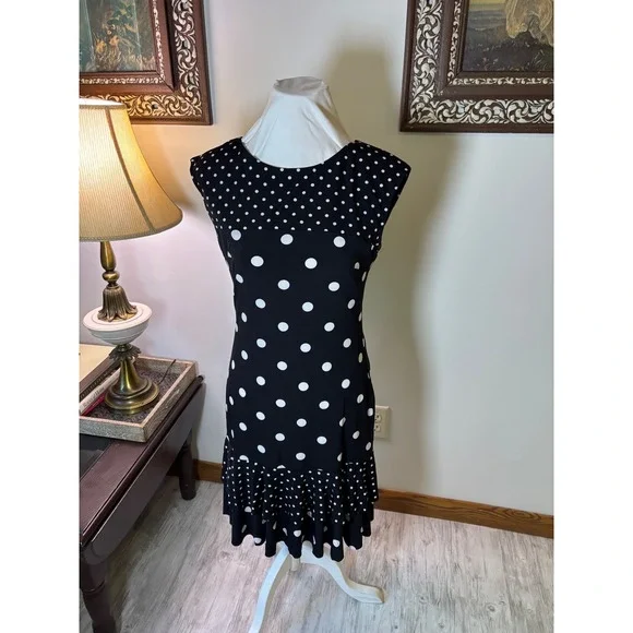 Designer Vintage 8 Black Polka Dot Dress Sleeveless Ruffle Frank Lyman dress - Picture 2 of 10